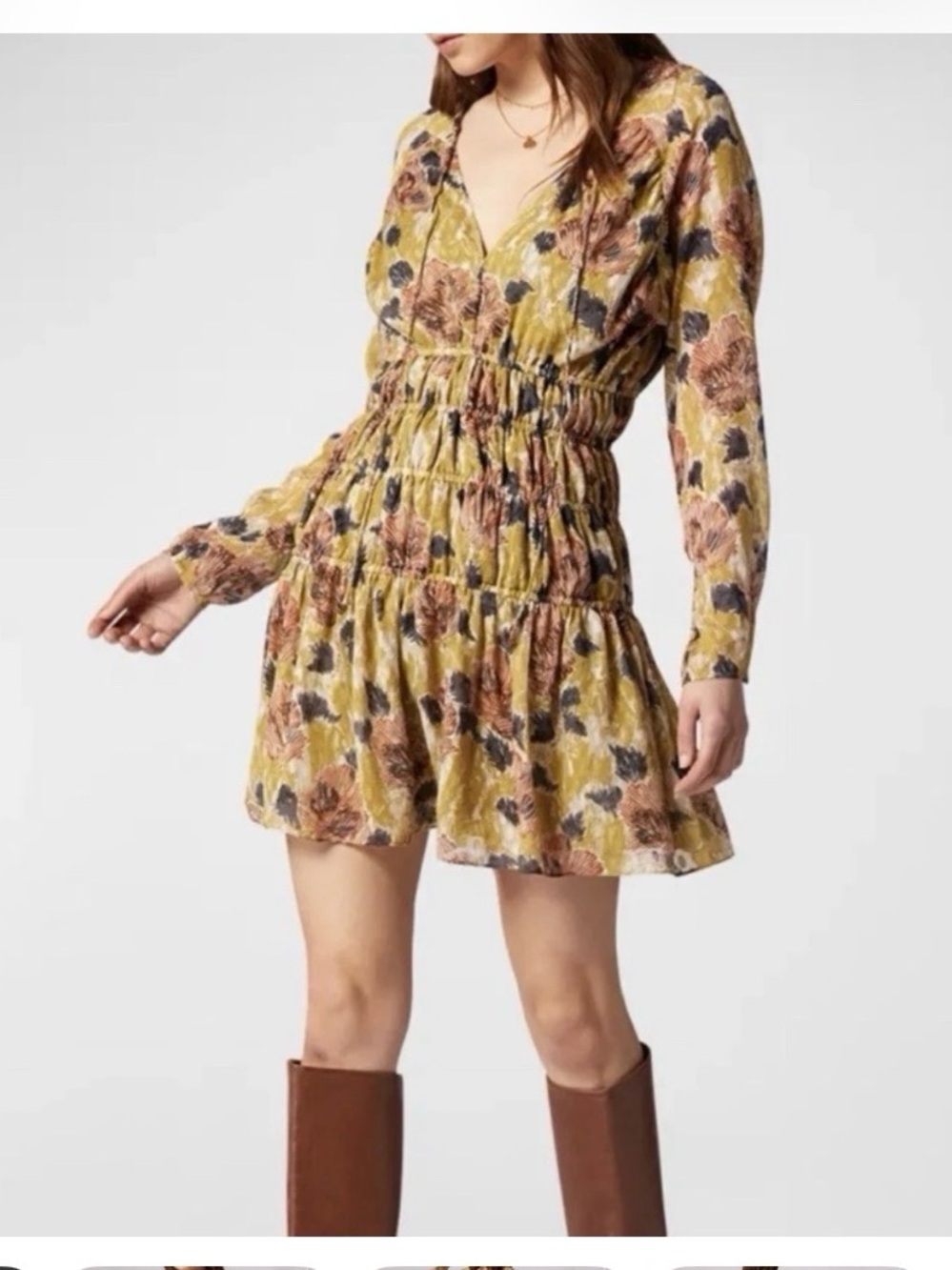 Joie Yellow Floral Silk Mini Dress with Brown and Pink Accents